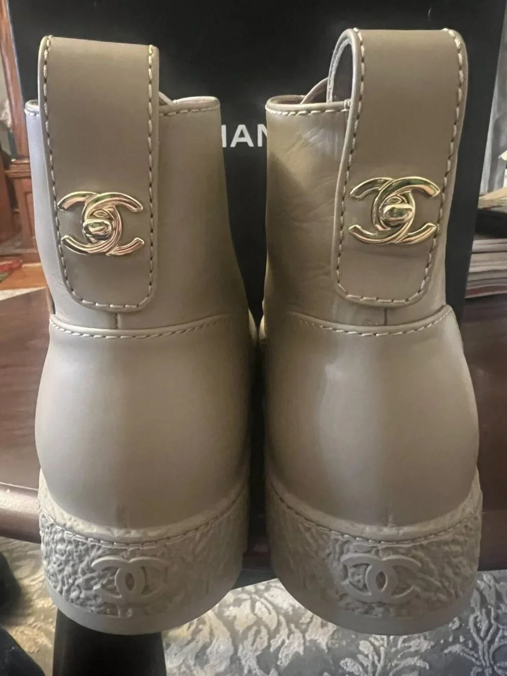 CHANEL CC Logo Beige Leather Turnlock Combat Boots